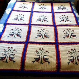 Stenciled Crochet Block Afghan, Pennsylvania Dutch Folk Pattern, Twin
